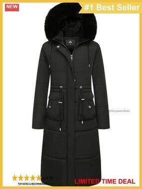 Waterproof Long Maxi Down Puffer Coat Fleece Lined Faux Fur Hood Winter Jacket